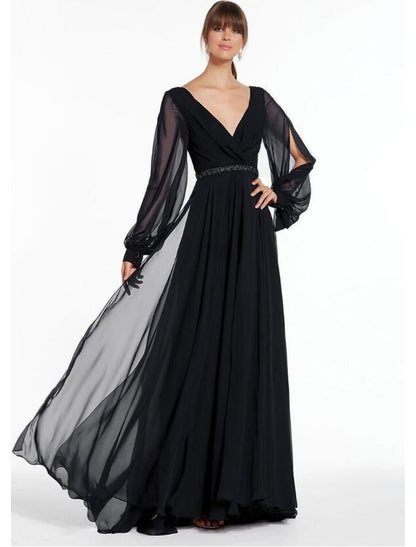 A-Line Evening Gown Empire Dress Holiday Formal Evening Floor Length Long Sleeve V Neck Chiffon V Back with Beading