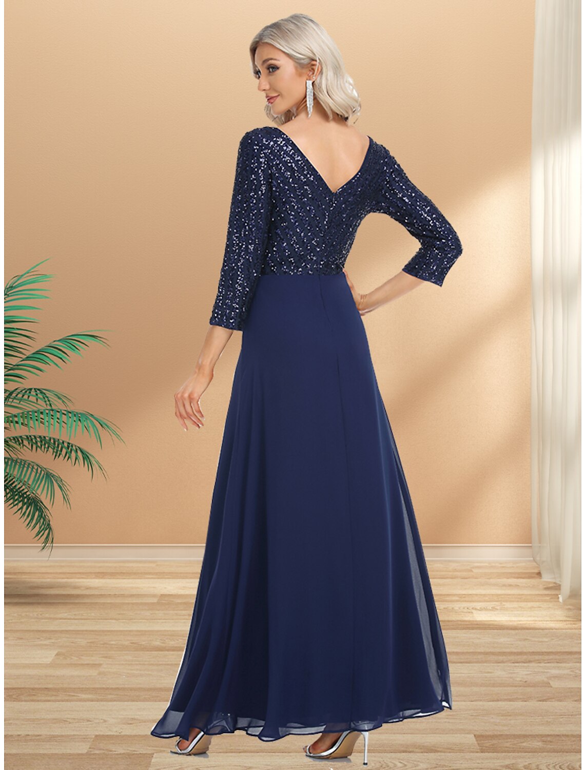 A-Line Evening Gown Plus Size Dress Wedding Guest Floor Length 3/4 Length Sleeve V Neck Chiffon V Back with Sequin