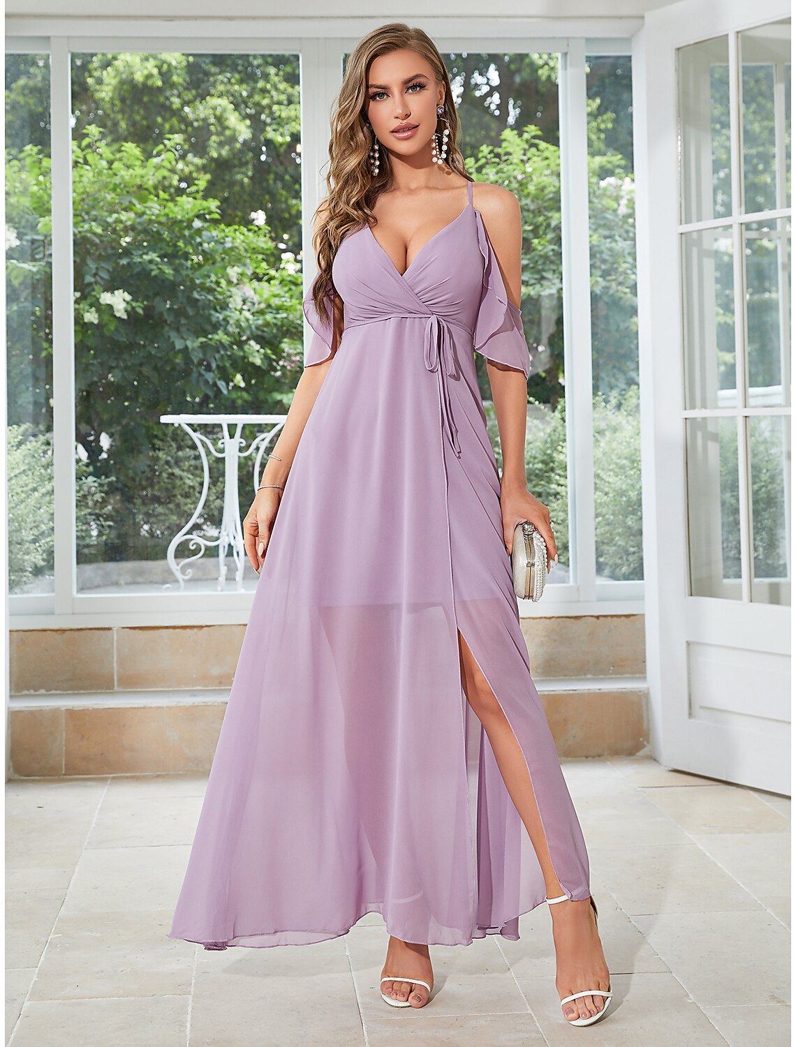 A-Line Wedding Guest Dresses Elegant Dress Party Wear Wedding Party Ankle Length Sleeveless V Neck Chiffon with Ruffles Slit Strappy