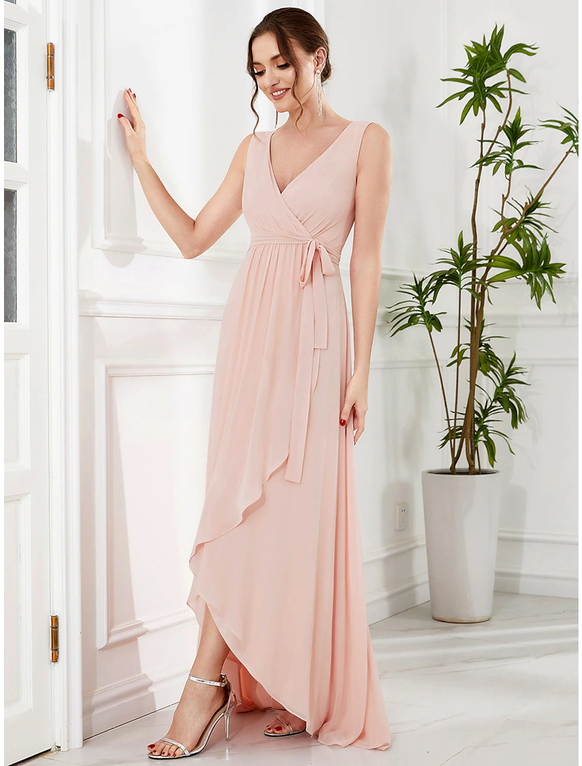 A-Line Wedding Guest Dresses Elegant Dress Party Wear Asymmetrical Sleeveless V Neck Chiffon with Ruffles Strappy