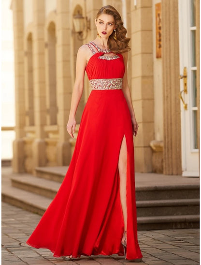 A-Line Evening Gown Sparkle & Shine Dress Party Wear Floor Length Sleeveless Halter Chiffon with Rhinestone Slit