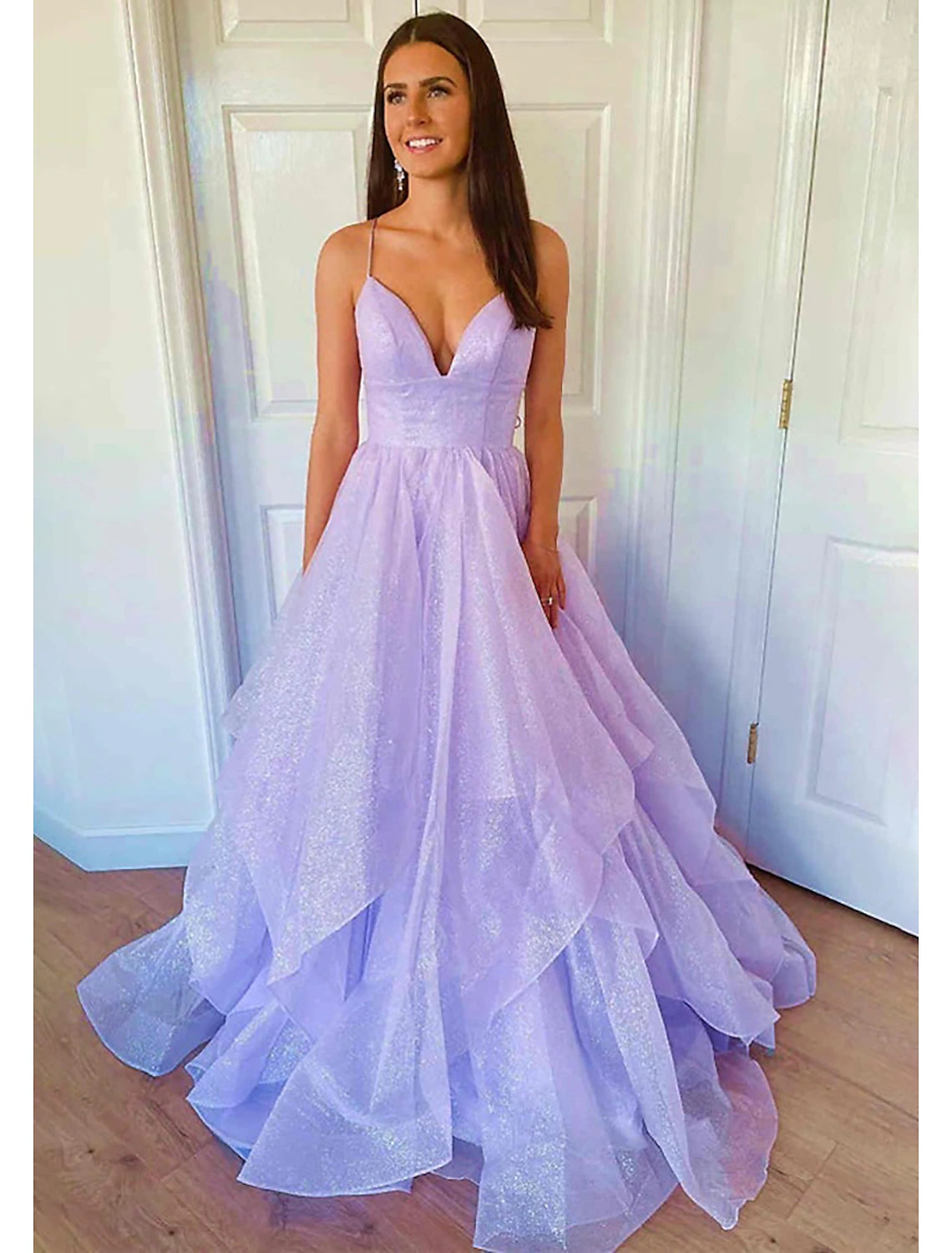 Ball Gown A-Line Prom Dresses Sparkle & Shine Dress Formal Floor Length Sleeveless Sweetheart Tulle Backless with Pleats Ruffles