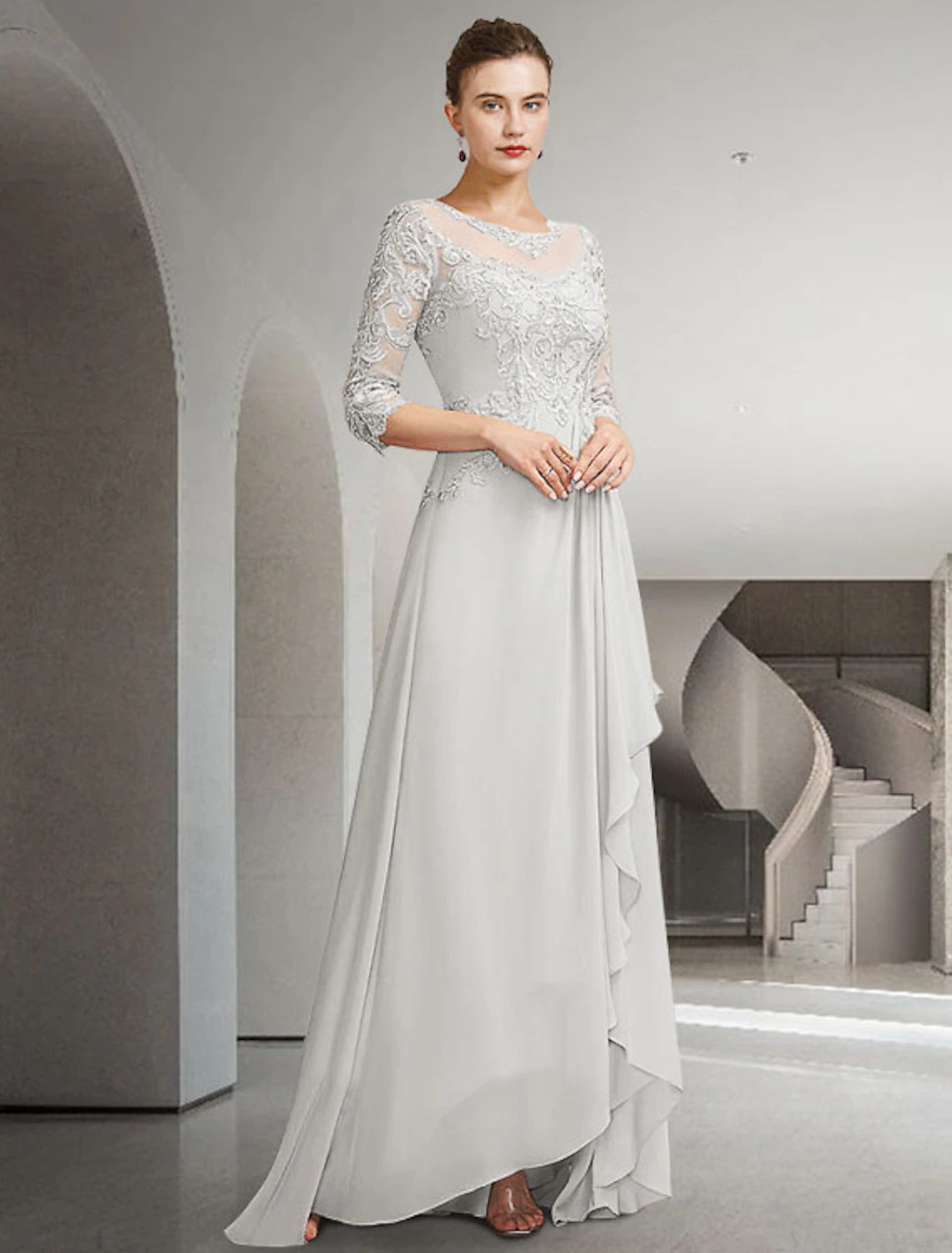 A-Line Mother of the Bride Dress Elegant High Low Jewel Neck Sweep / Brush Train Asymmetrical Chiffon Lace 3/4 Length Sleeve with Pleats Appliques