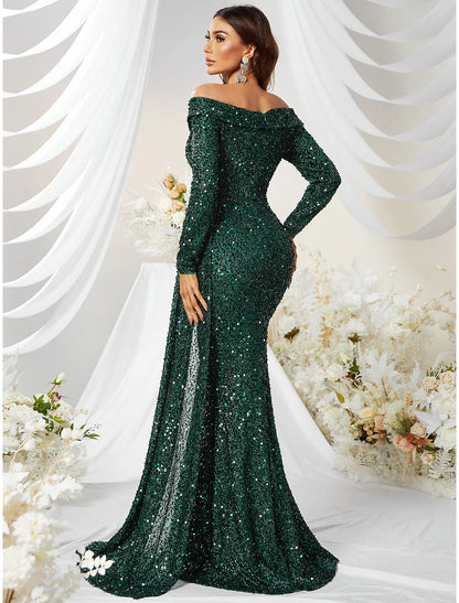 Mermaid / Trumpet Evening Gown Sparkle & Shine Dress Formal Cocktail Party Sweep / Brush Train Long Sleeve Off Shoulder Polyester with Sequin