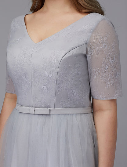 A-Line Elegant Dress Wedding Guest Tea Length Short Sleeve V Neck Lace Lace-up with Sash / Ribbon