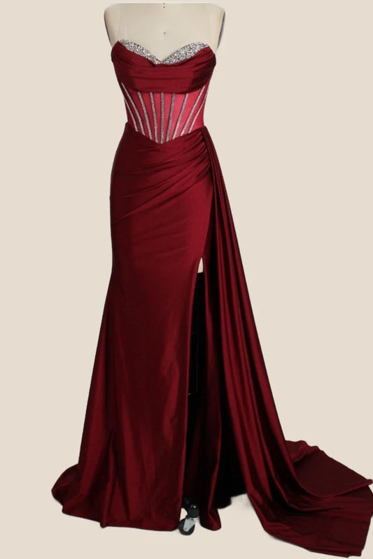 Burgundy Beaded Corset Sheath Long Prom Dress