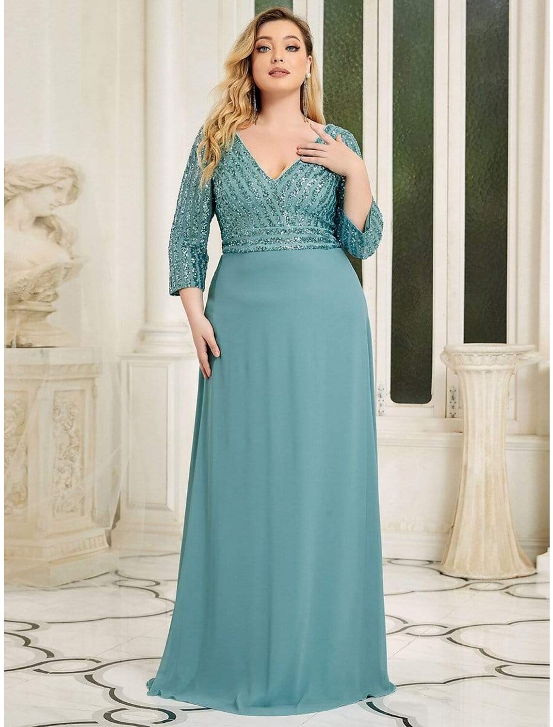 A-Line Evening Gown Plus Size Dress Wedding Guest Floor Length 3/4 Length Sleeve V Neck Chiffon V Back with Sequin