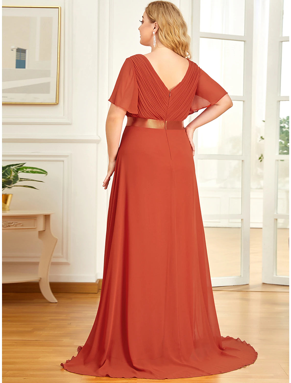 A-Line Empire Fall Wedding Guest Dress For Bridesmaid Plus Size Formal Evening Dress V Neck Short Sleeve Floor Length Chiffon with Pleats Ruched