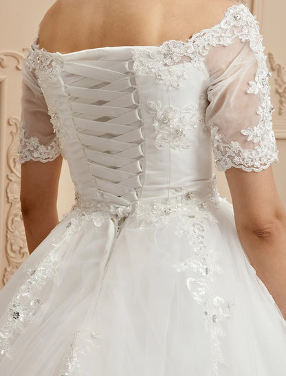 A-Line Bateau Neck Cathedral Train Lace / Tulle Made-To-Measure Wedding Dresses with Lace