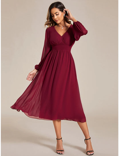 A-Line Wedding Guest Dresses Elegant Dress Wedding Tea Length Long Sleeve V Neck Chiffon with Ruched