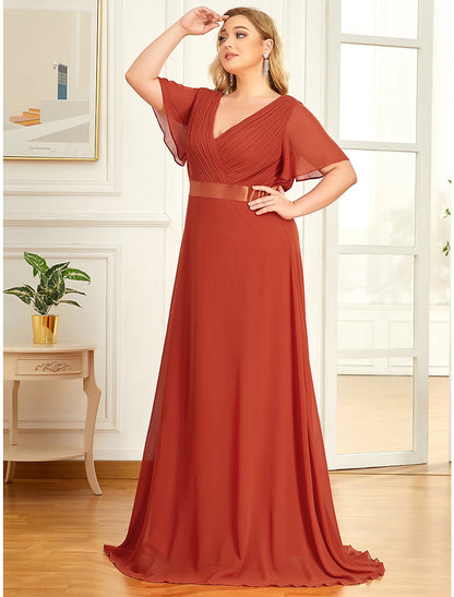 A-Line Empire Fall Wedding Guest Dress For Bridesmaid Plus Size Formal Evening Dress V Neck Short Sleeve Floor Length Chiffon with Pleats Ruched