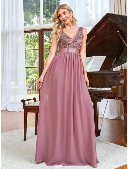 A-Line Prom Dresses Elegant Dress Wedding Guest Floor Length Sleeveless V Neck Chiffon V Back with Draping Pure Color