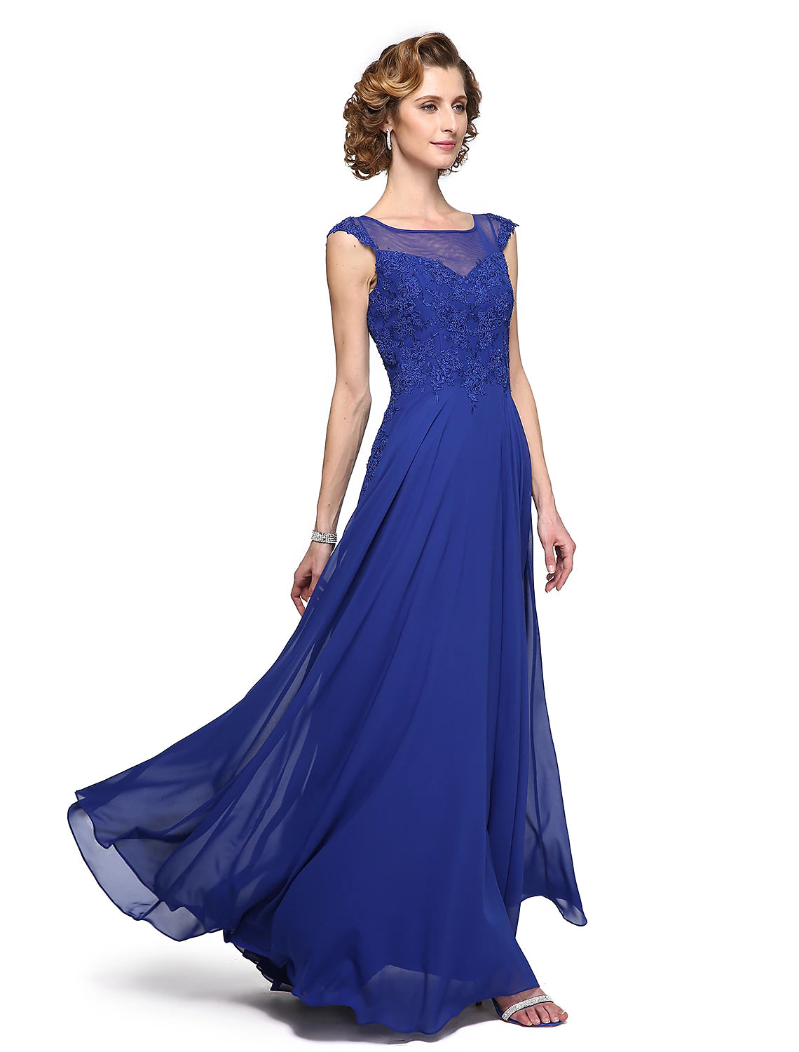 A-Line Mother of the Bride Dress Elegant Jewel Neck Ankle Length Chiffon Lace Sleeveless with Appliques