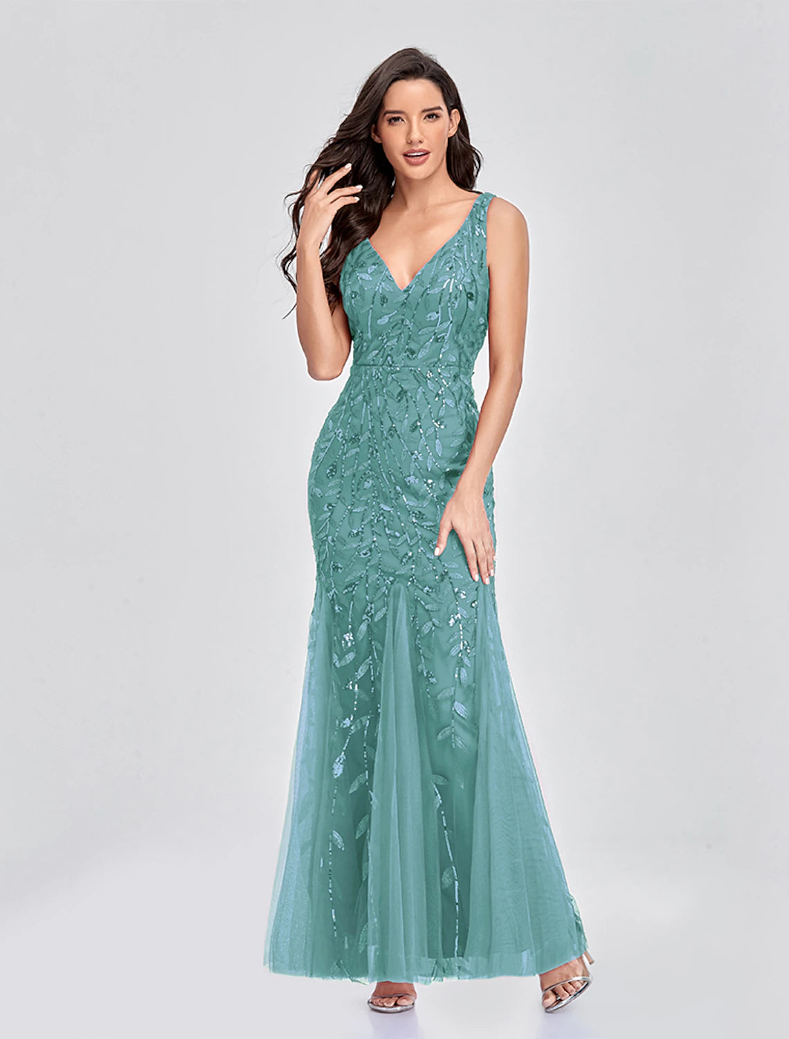 Mermaid / Trumpet Empire Elegant Party Wear Formal Evening Valentine's Day Dress V Neck V Back Sleeveless Floor Length Tulle with Embroidery