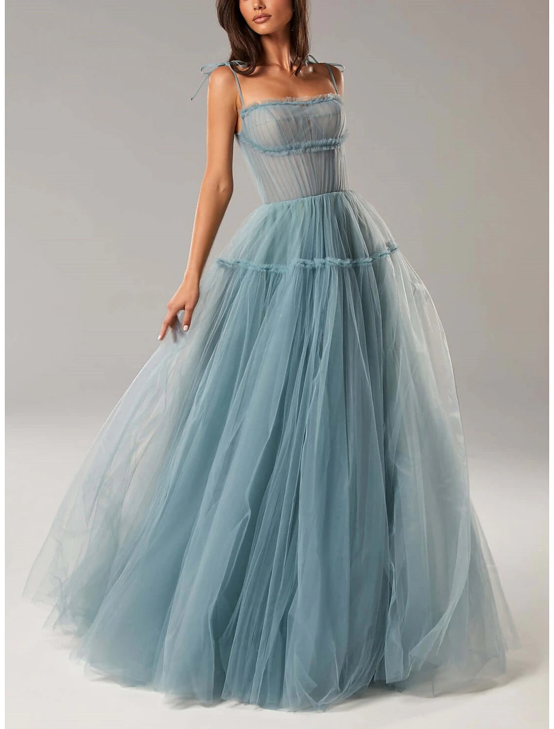 A-Line Prom Dresses Elegant Dress Wedding Guest Prom Floor Length Sleeveless Spaghetti Strap Tulle with Pleats Ruffles