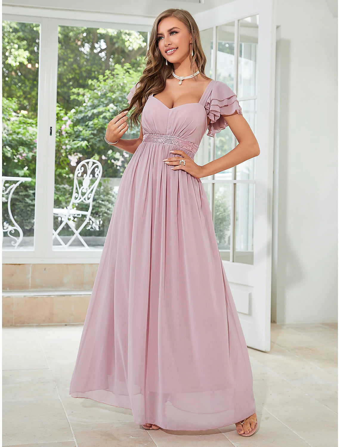 A-Line Wedding Guest Dresses Elegant Dress Party Wear Floor Length Short Sleeve Square Neck Chiffon with Ruffles