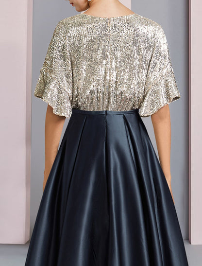 A-Line Mother of the Bride Dress Wedding Guest Elegant Sparkle & Shine High Low V Neck Asymmetrical Tea Length Satin Sequined Short Sleeve with Pleats