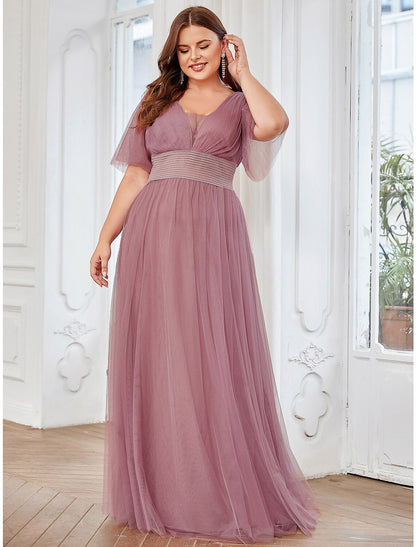 A-Line Bridesmaid Dress V Neck Short Sleeve Plus Size Floor Length Tulle with Ruffles / Draping / Tier / Butterfly Sleeve