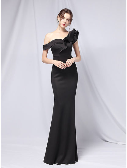 Mermaid / Trumpet Evening Gown Empire Dress Wedding Guest Floor Length Short Sleeve One Shoulder Stretch Satin with Ruffles