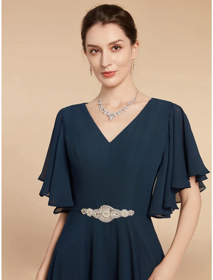 A-Line Mother of the Bride Dress Wedding Guest Elegant Vintage V Neck Ankle Length Chiffon Lace Short Sleeve with Crystal Brooch Ruching Solid Color