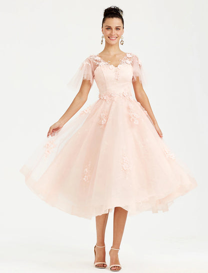 A-Line Prom Dresses Elegant Dress Wedding Guest Tea Length Short Sleeve V Neck Tulle with Appliques