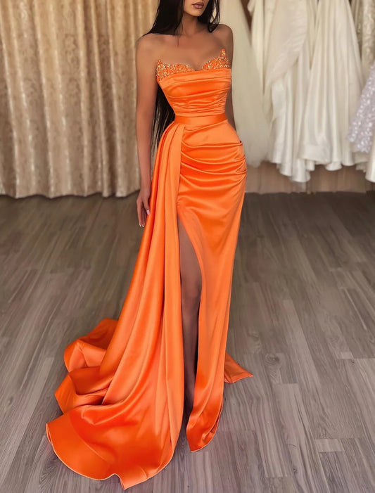 DingjiMermaid Ruched Evening Gown Satin Dress Cocktail Party Prom Court Train Sleeveless Strapless Bridesmaid Dress with Beading Sequin Pure Color