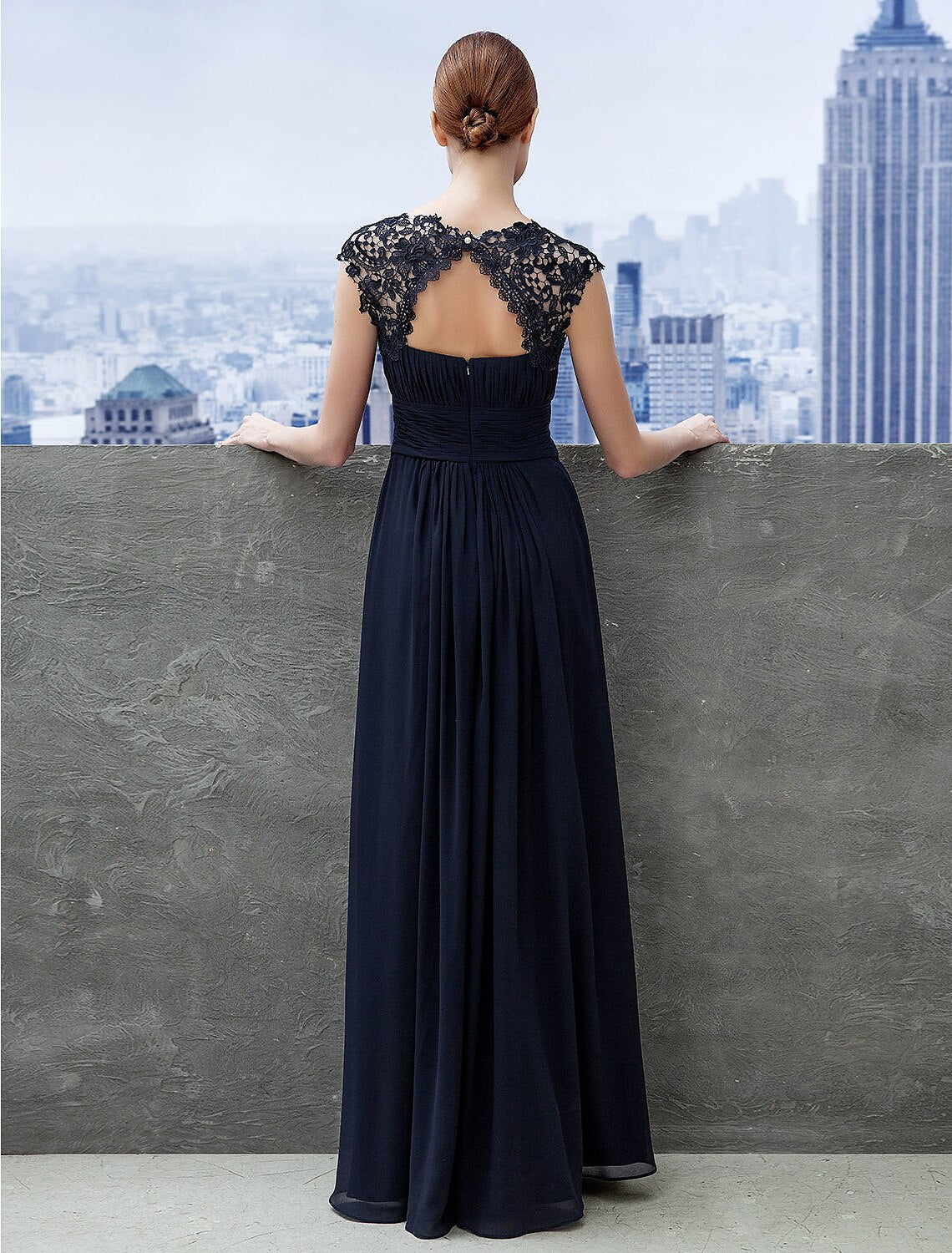 A-Line Evening Gown Empire Dress Wedding Guest Formal Evening Floor Length Short Sleeve Boat Neck Bridesmaid Dress Chiffon with Ruched Lace Insert