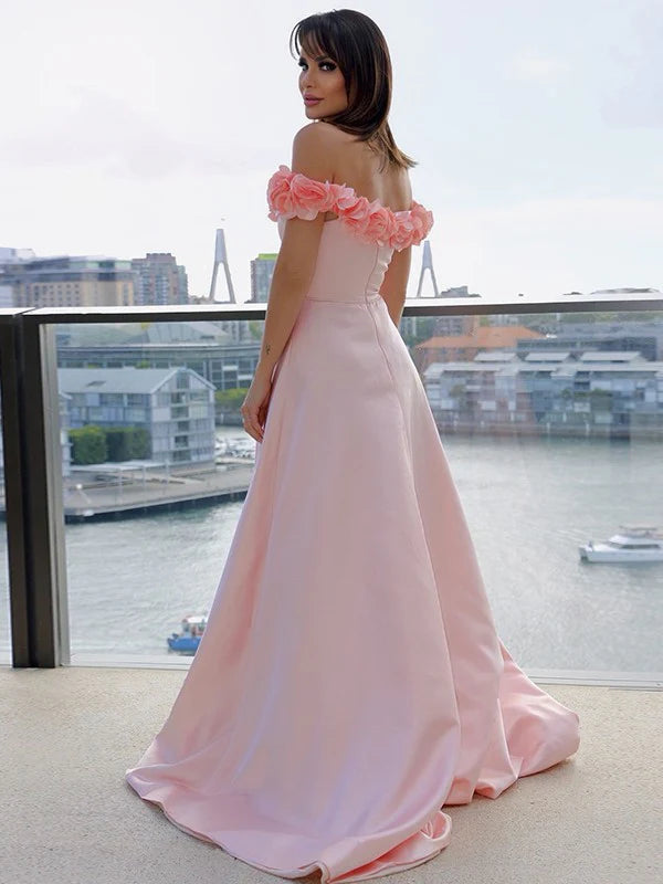 A-Line Princess Satin Off-the-Shoulder Sleeveless Hand-Made Flower Prom Dresses