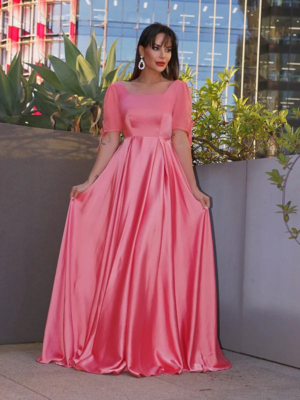 A-Line Princess Square Sleeves Charmeuse Ruffles Floor-Length Prom Dresses