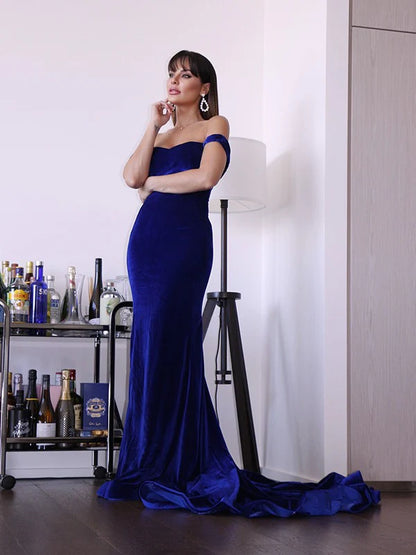 Ruffles Off-the-Shoulder Velvet Sleeveless Blue Long Prom Dresses