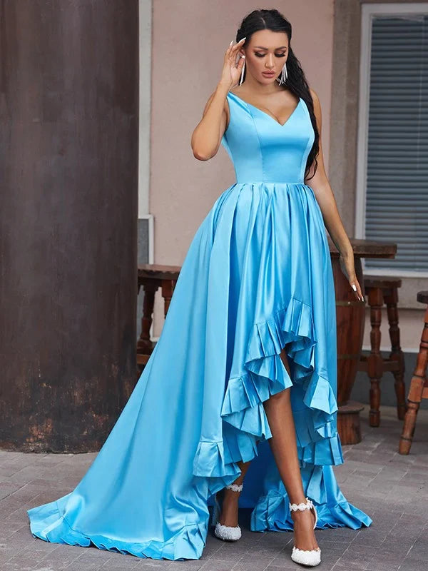 A-Line Princess Satin Ruffles V-neck Sleeveless Asymmetrical Prom Dresses