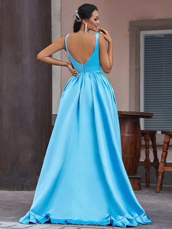 A-Line Princess Satin Ruffles V-neck Sleeveless Asymmetrical Prom Dresses