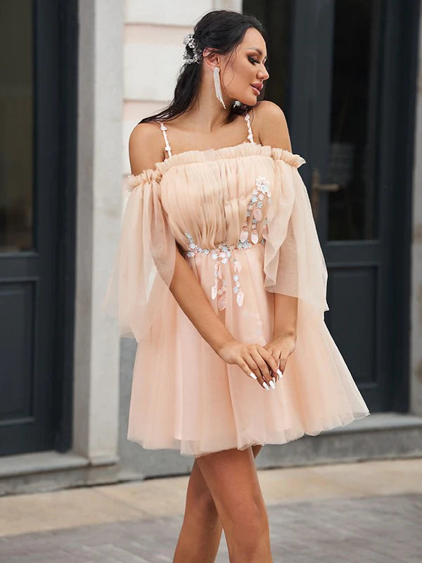 A-Line Princess Tulle Beading Spaghetti Straps Sleeves Short Mini Dresses