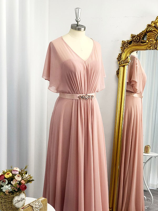 A-Line/Princess Sweetheart Short Sleeves Chiffon Sash/Ribbon/Belt Floor-Length Dresses