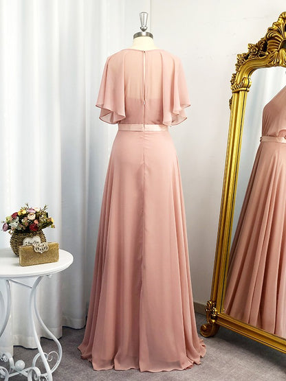 A-Line/Princess Sweetheart Short Sleeves Chiffon Sash/Ribbon/Belt Floor-Length Dresses