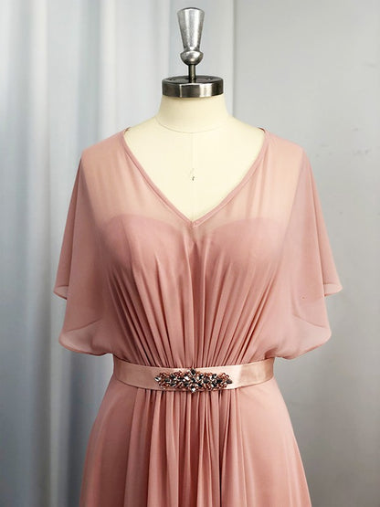 A-Line/Princess Sweetheart Short Sleeves Chiffon Sash/Ribbon/Belt Floor-Length Dresses