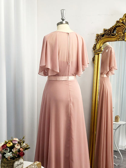 A-Line/Princess Sweetheart Short Sleeves Chiffon Sash/Ribbon/Belt Floor-Length Dresses