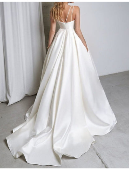 Hall Casual Wedding Dresses A-Line Sweetheart Camisole Spaghetti Strap Court Train Satin Bridal Gowns With Pleats Split Front