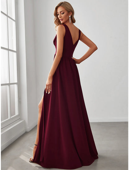 A-Line Prom Dresses High Split Dress Wedding Guest Formal Evening Floor Length Sleeveless V Neck Bridesmaid Dress Chiffon V Back with Slit Pure Color