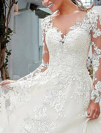 Engagement Formal Wedding Dresses A-Line V Neck Long Sleeve Court Train Lace Bridal Gowns With Buttons Appliques