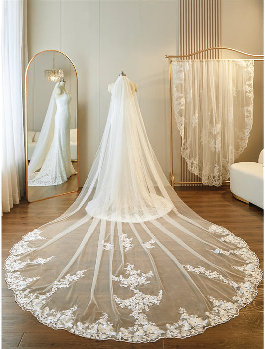 One-tier Lace Applique Edge / Lace Wedding Veil Cathedral Veils with Embroidery / Appliques / Paillette