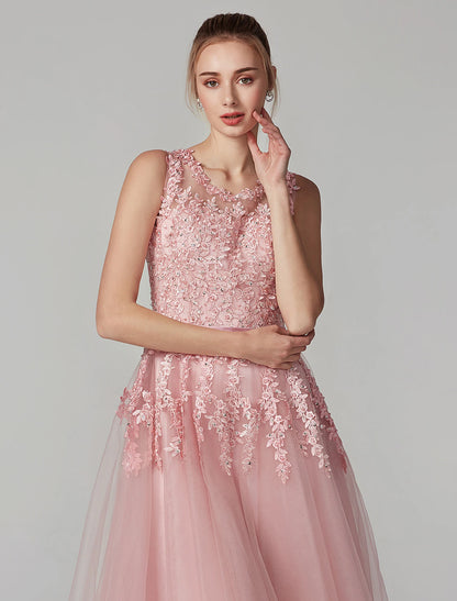 A-Line Cute Dress Cocktail Party Knee Length Sleeveless Illusion Neck Tulle Over Lace with Beading Appliques