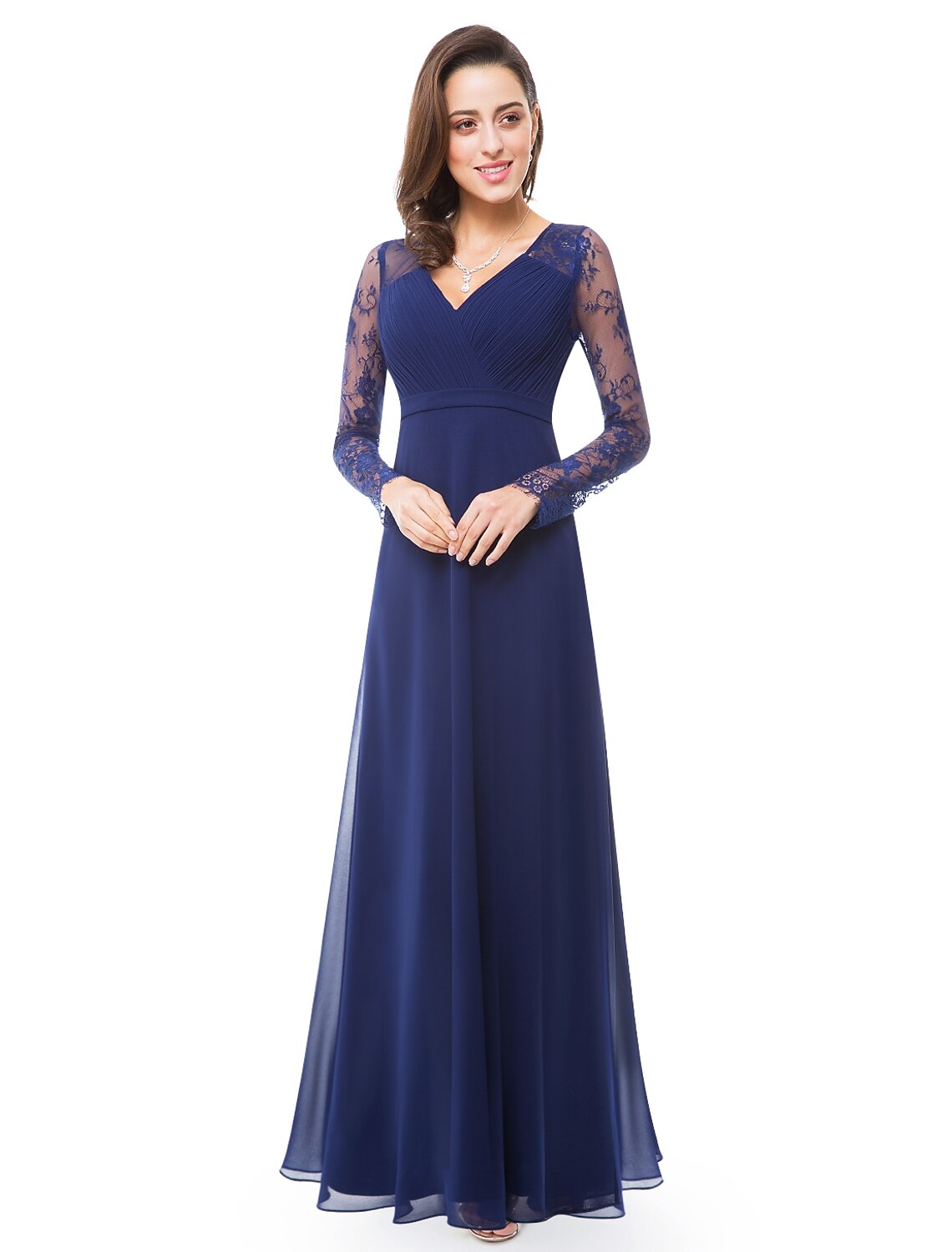 A-Line Evening Gown Elegant Dress Wedding Guest Formal Evening Floor Length Long Sleeve V Neck Chiffon with Sash / Ribbon Ruched Lace Insert