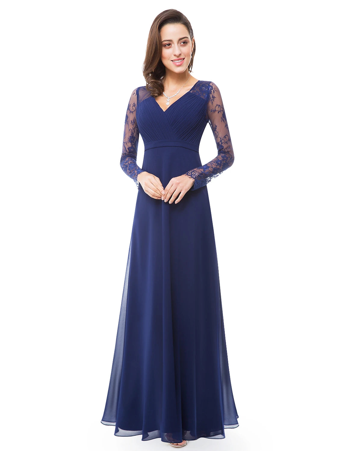 A-Line Evening Gown Elegant Dress Wedding Guest Floor Length Long Sleeve V Neck Chiffon with Sash / Ribbon Ruched Lace Insert