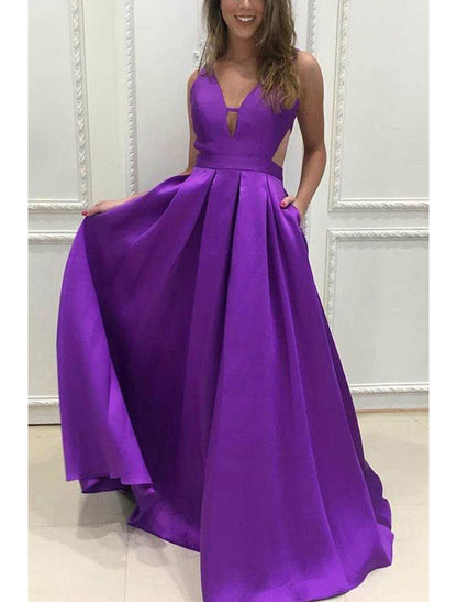 A-Line Prom Dresses Minimalist Dress Formal Prom Floor Length Sleeveless V Neck Pocket Stretch Satin Backless V Back with Pleats Pocket