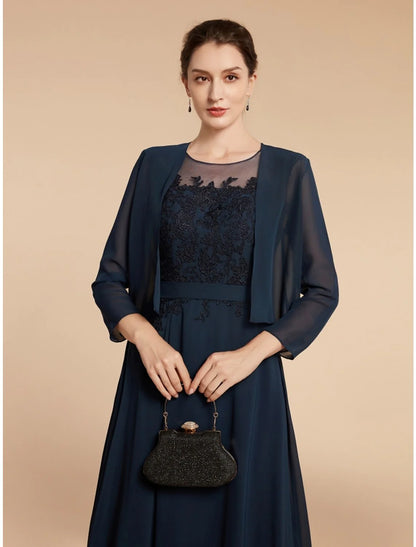 A-Line Mother of the Bride Dress Wedding Guest Elegant Jewel Neck Ankle Length Chiffon Lace Long Sleeve with Ruching Solid Color