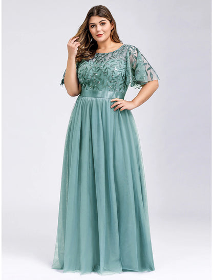 A-Line Prom Dresses Plus Size Dress Wedding Guest Floor Length Short Sleeve Jewel Neck Chiffon with Appliques