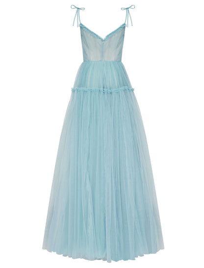 A-Line Prom Dresses Elegant Dress Wedding Guest Prom Floor Length Sleeveless Spaghetti Strap Tulle with Pleats Ruffles