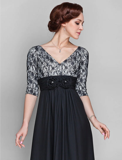 A-Line Mother of the Bride Dress Vintage Inspired V Neck Sweep / Brush Train Chiffon Lace Half Sleeve with Lace Ruched Flower