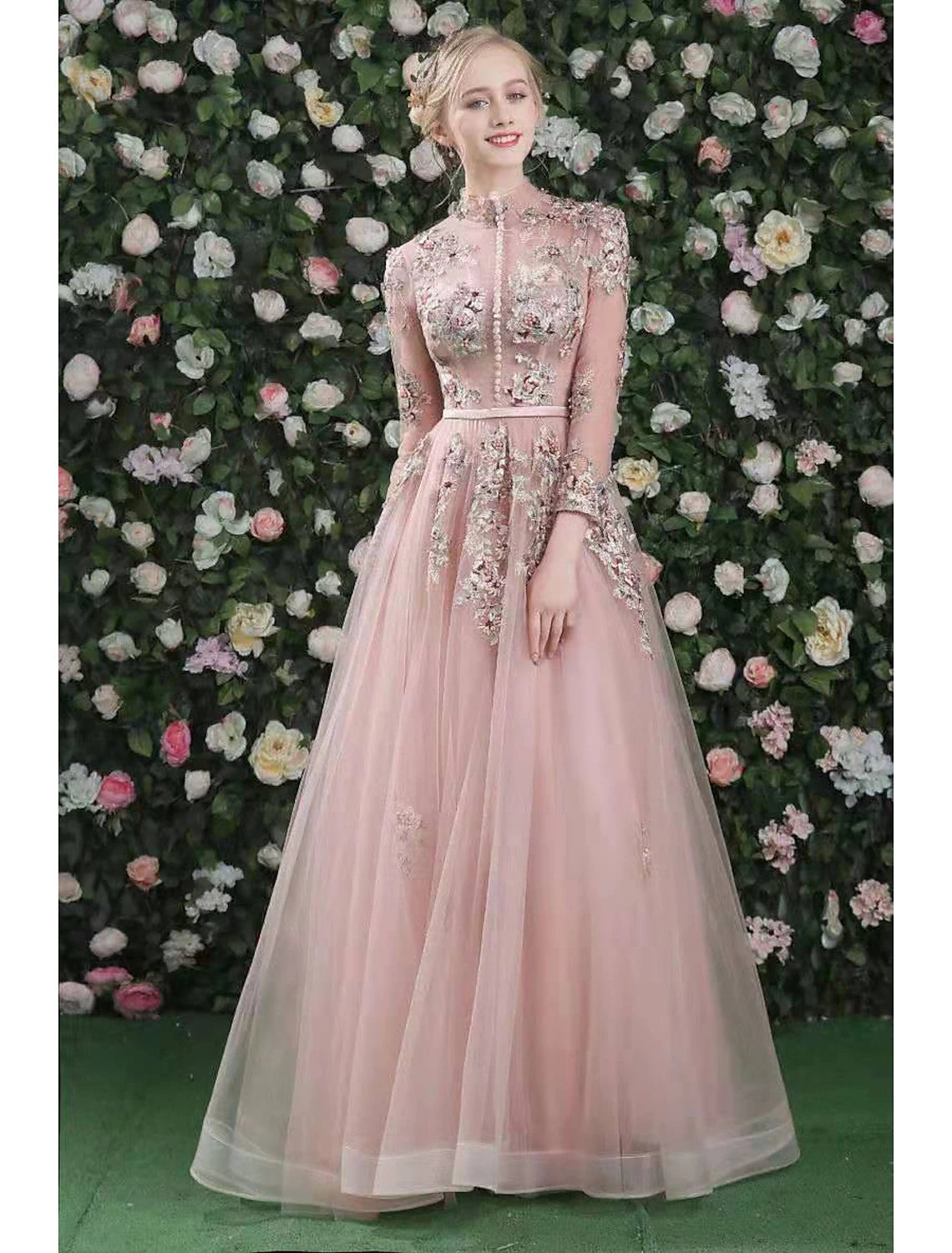 A-Line Cut Out Floral Prom Formal Evening Dress High Neck Long Sleeve Floor Length Organza with Embroidery